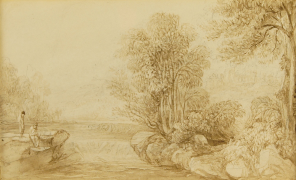 George Cuitt Jnr., British 1779-1854- Landscape with figures by a stream, near Chester; pencil, ink, - Image 3 of 5