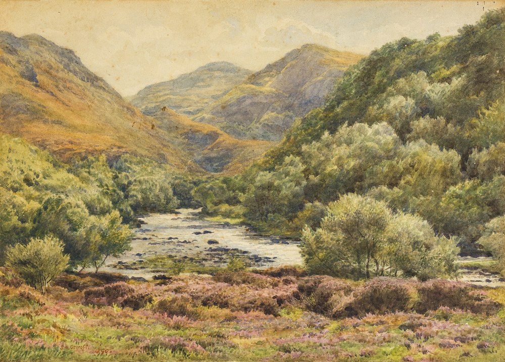 Samuel William Oscroft, British 1834-1924- A wooded river landscape with mountains beyond;