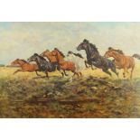 After George Majewicz, German 1897-1965- Horses galloping; oleograph on canvas, signed within the