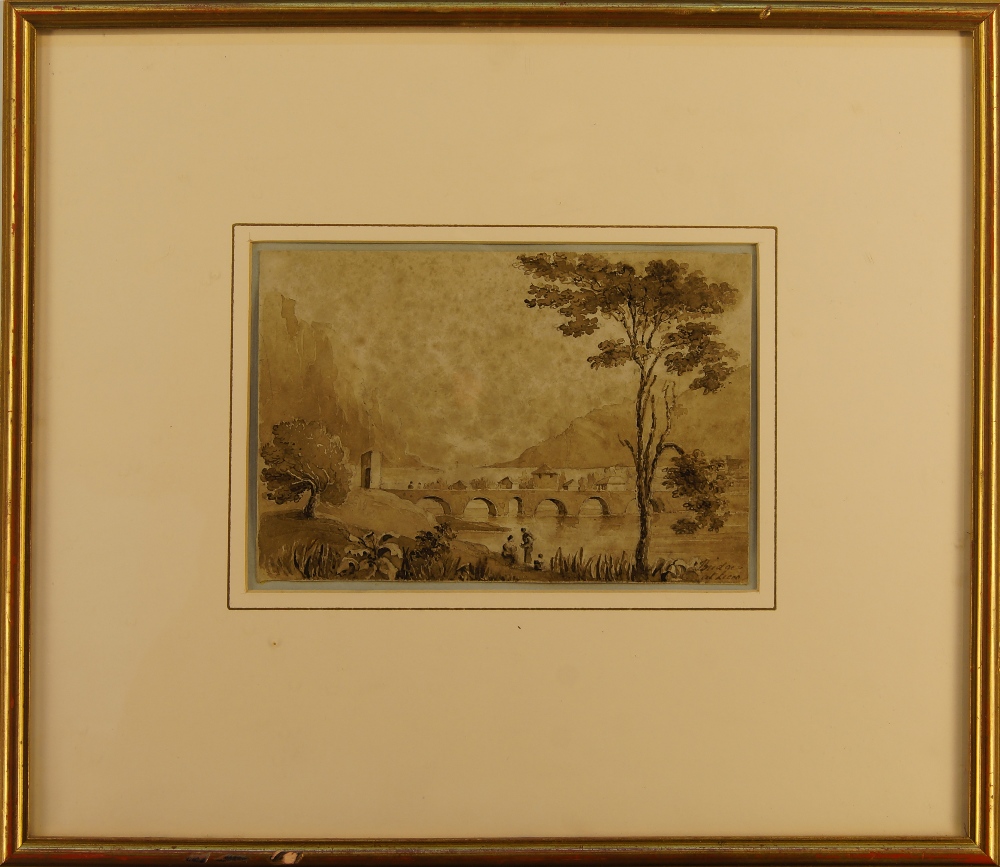George Cuitt Jnr., British 1779-1854- Landscape with figures by a stream, near Chester; pencil, ink, - Image 2 of 5
