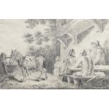 After George Morland, British 1763-1804- Conversation; pencil on paper, after the print by Edward