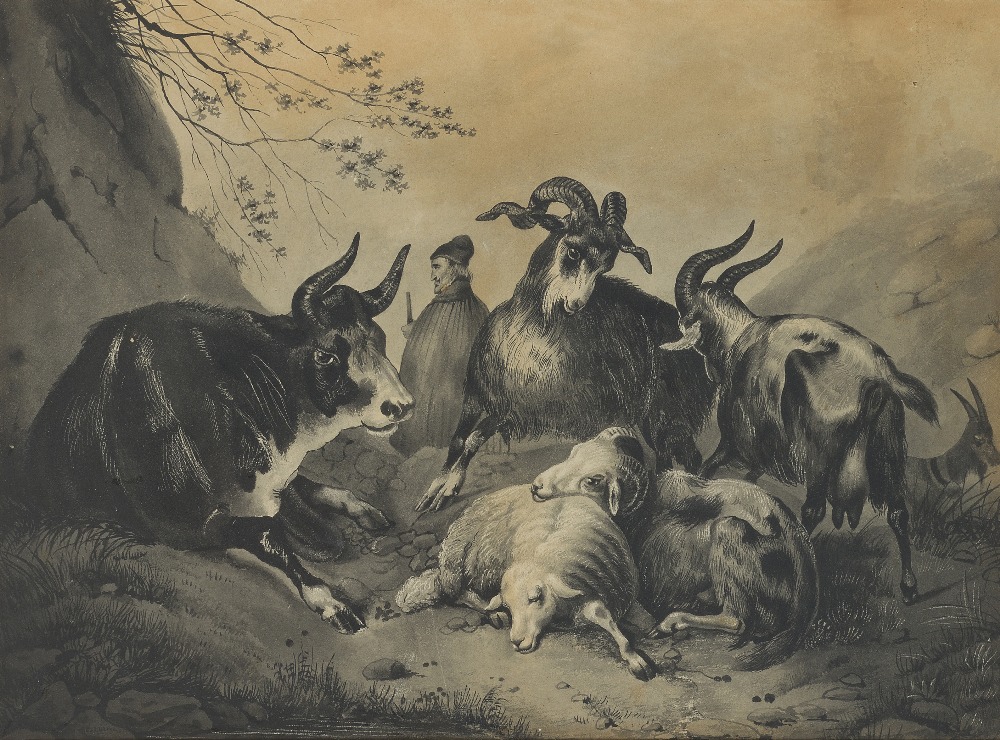 C. Lainé, French, early-mid 19th century- Goats, sheep, and a cow with a standing cloaked figure