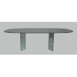 A large modern glass dining table, 72cm high, 242cm wide, 140cm deep, together with a set of ten