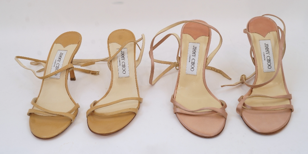 Jimmy Choo: a pair of peach / rose gold satin strappy heels, size '37' with replaced strap and heel, - Image 2 of 38