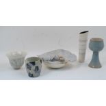 Five pieces of studio pottery, comprising: a Christine Ann Richards (b.1949) crackle-glazed bowl,