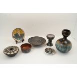 Seven pieces of studio pottery, comprising: a glazed vase signed Sammy, 28cm high; a shallow bowl,