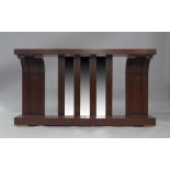 A modern mahogany console table, the plank top above two curved supports, flanking slatted