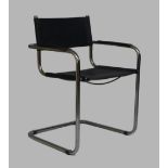After Mart Stam, a cantilever chair, black vinyl and chrome scratches and oxidation to chrome,