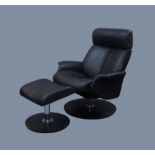 A modern leather reclining armchair on swivel base, together with matching foot stool, retailed by