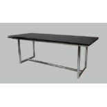 A modern glass and chrome draw leaf dining table, 76cm high, 310cm wide, 95cm deepscratches to glass