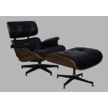 A Charles and Ray Eames style lounge chair and ottoman, of recent manufacture, the Pau Ferro