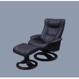 A modern leather reclining armchair on swivel base, together with matching foot stool, retailed by
