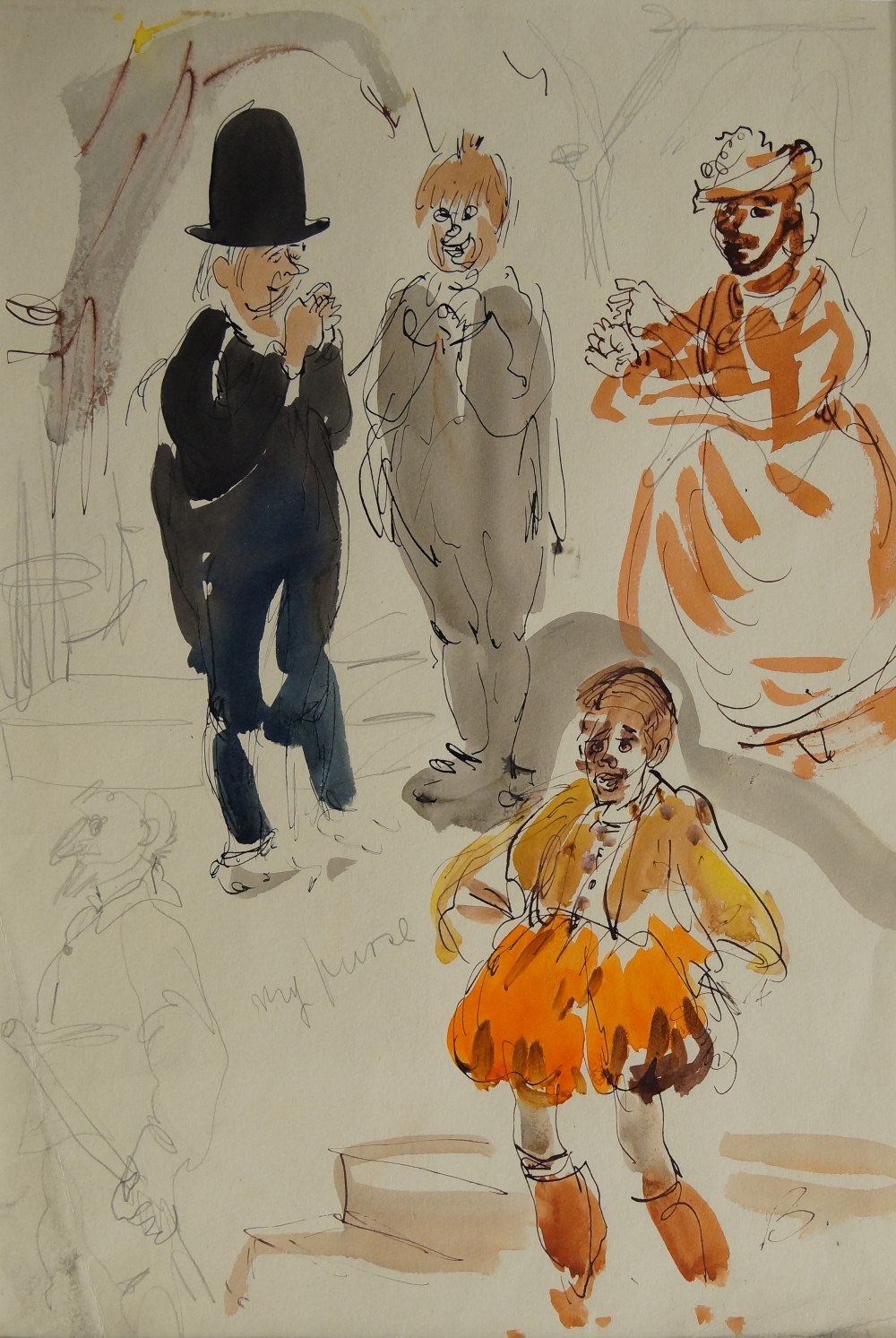 William D. Clyne, Scottish 1922–1981- Figure studies in costume; pen, black ink, watercolour, and