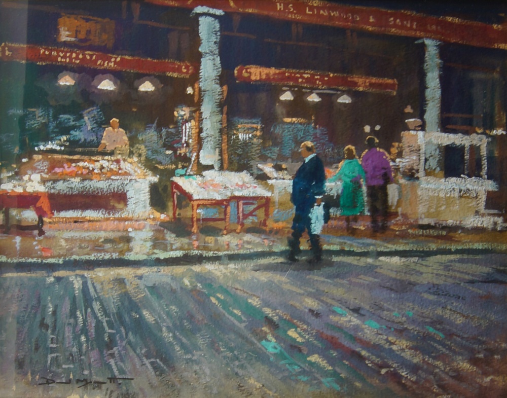 David Mynett, British 1942-2013- Market scene; gouache on paper, signed lower left, 32 x 39.5 cm (