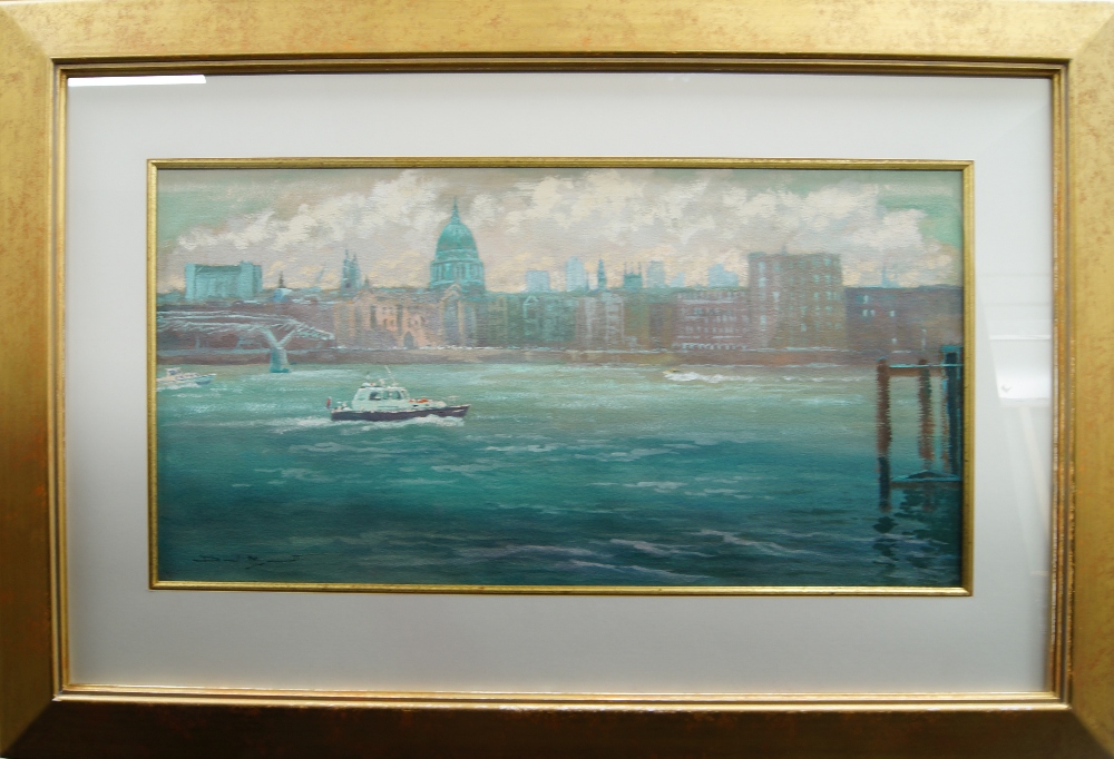 David Mynett, British 1942-2013- A boat in front of St Paul's; watercolour and gouache on paper, - Image 2 of 2