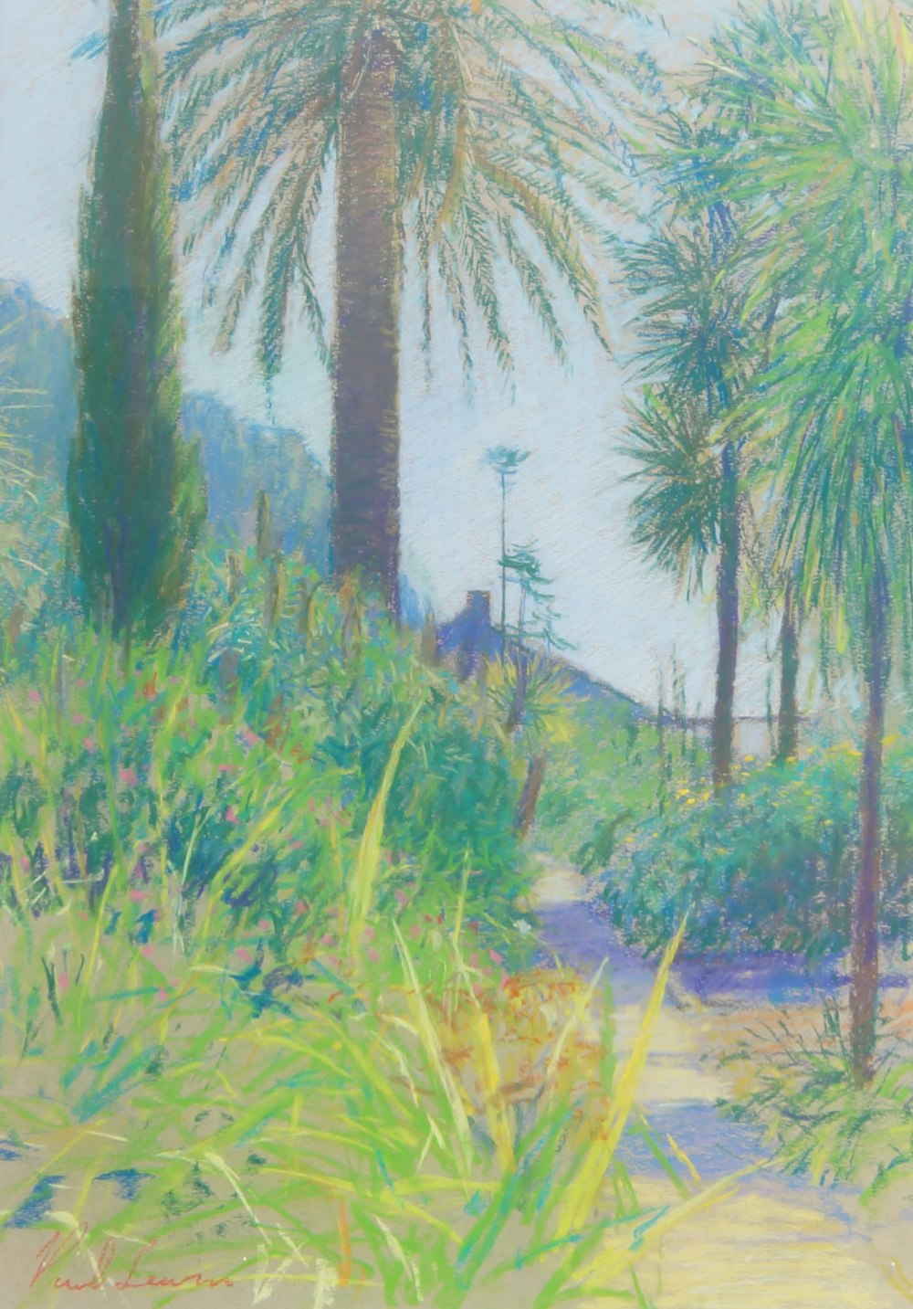 Paul Lewin, British b.1967- View of a path through palms; coloured chalk on paper, signed lower