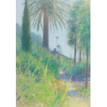 Paul Lewin, British b.1967- View of a path through palms; coloured chalk on paper, signed lower