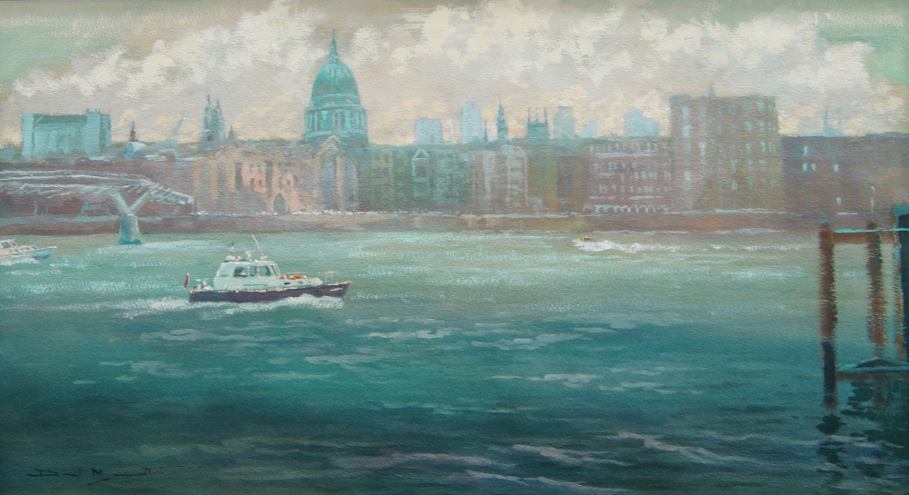David Mynett, British 1942-2013- A boat in front of St Paul's; watercolour and gouache on paper,
