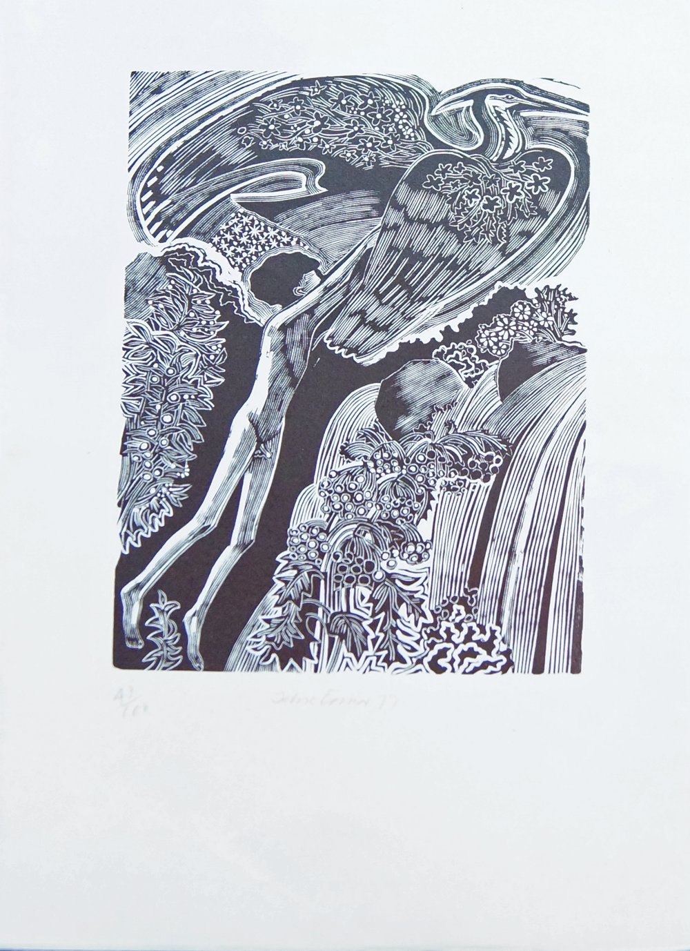 John Scorror O'Connor, British 1913-2004- The Boy and Heron, 1977; woodcut on wove, signed, dated - Image 2 of 2