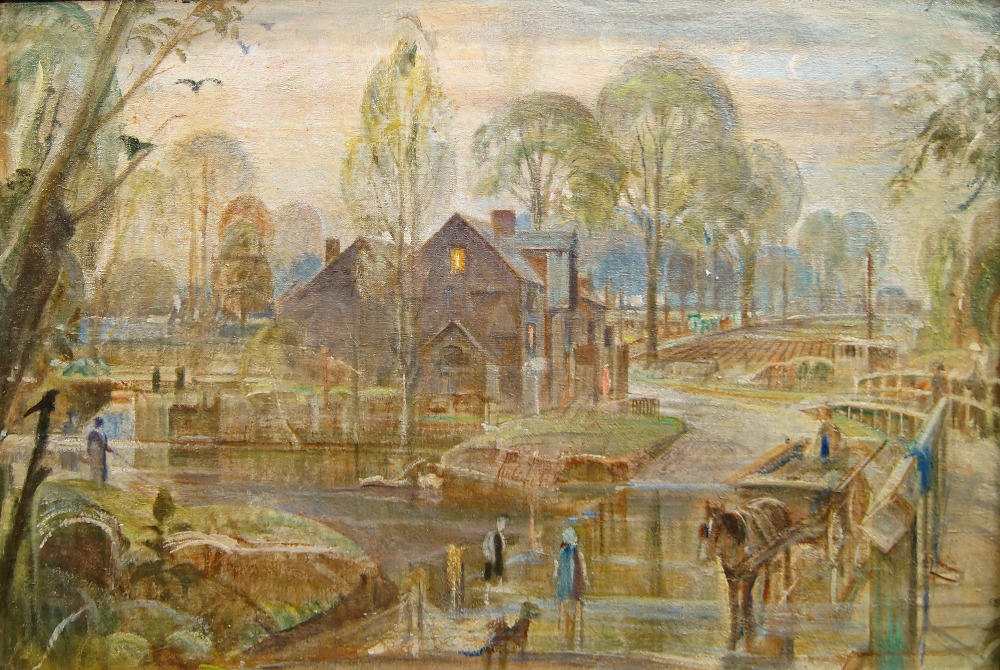 British School, early/mid 20th century- Village scene, with horse and cart; oil on canvas, inscribed