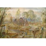 British School, early/mid 20th century- Village scene, with horse and cart; oil on canvas, inscribed