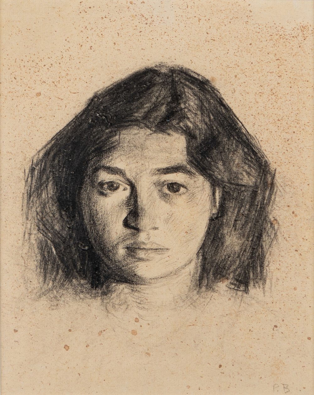 Paul Barton, British, mid-late 20th century- Portrait of a woman; black chalk on buff coloured