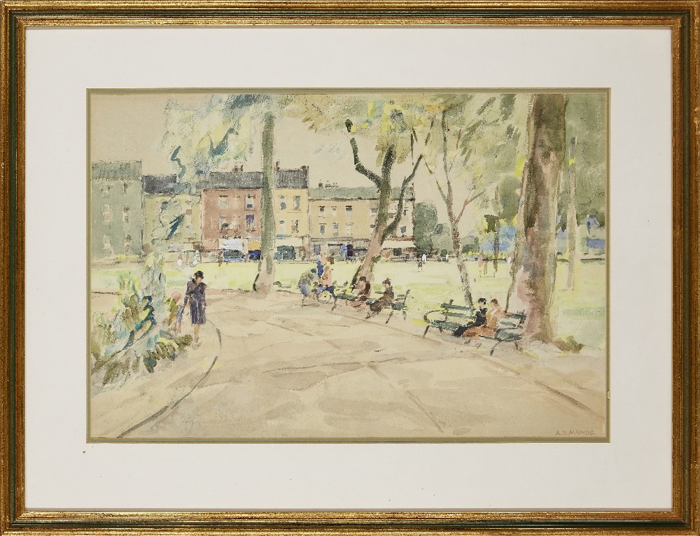Allan Douglass Mainds RSA, Scottish 1881-1945- A town square; watercolour on paper, signed lower - Image 2 of 3