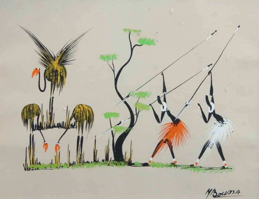 M. Boussa, 20th century- Figures hunting birds; ink and paint on paper, signed 'M Boussa' (lower