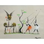 M. Boussa, 20th century- Figures hunting birds; ink and paint on paper, signed 'M Boussa' (lower