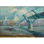 David Mynett, British 1942-2013- A view of St Paul's with Millennium Bridge; watercolour and gouache