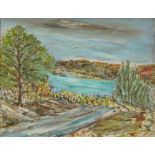 European School, 20th century- Landscape with a river and trees; oil on card, signed indistinctly