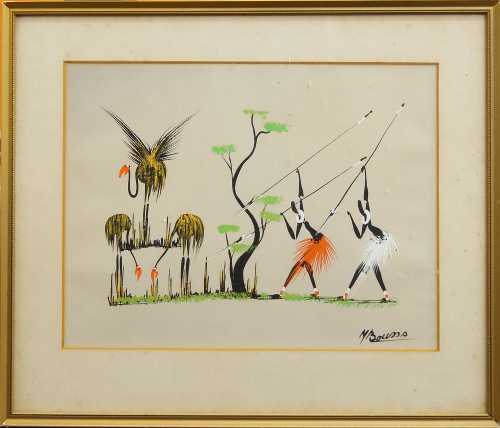 M. Boussa, 20th century- Figures hunting birds; ink and paint on paper, signed 'M Boussa' (lower - Image 2 of 3