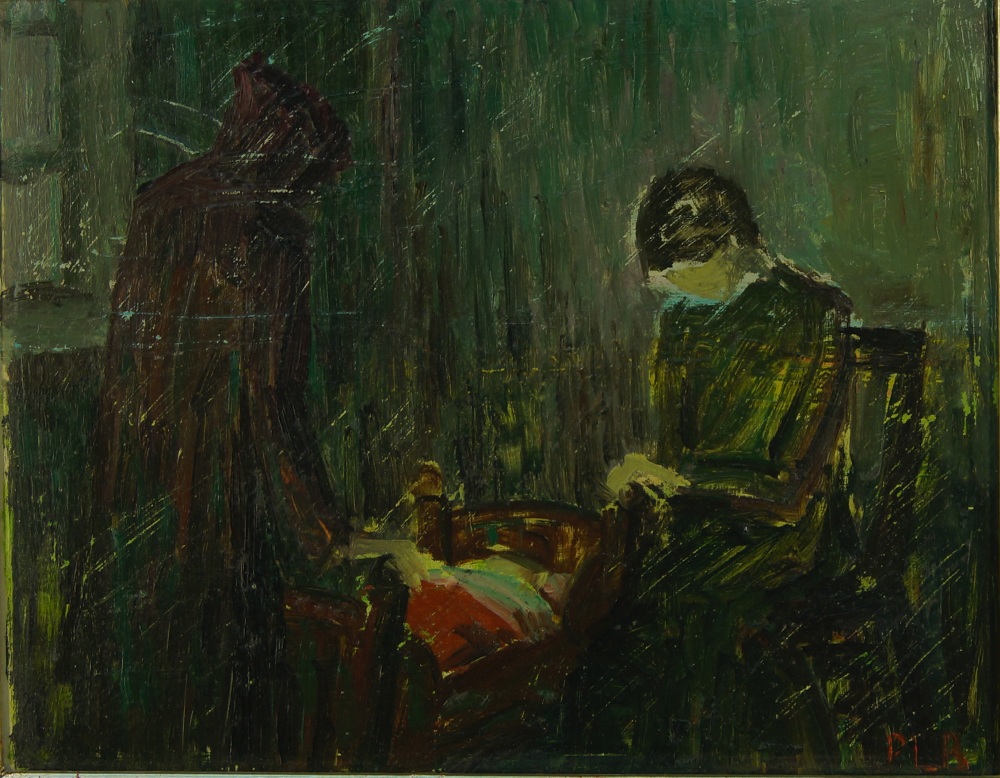 Danish School, early-mid-20th century- Mother by a cot in an interior; oil on board, signed with