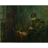 Danish School, early-mid-20th century- Mother by a cot in an interior; oil on board, signed with