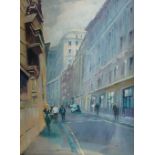 David Mynett, British 1942-2013- City street; watercolour and gouache on paper, signed lower left,