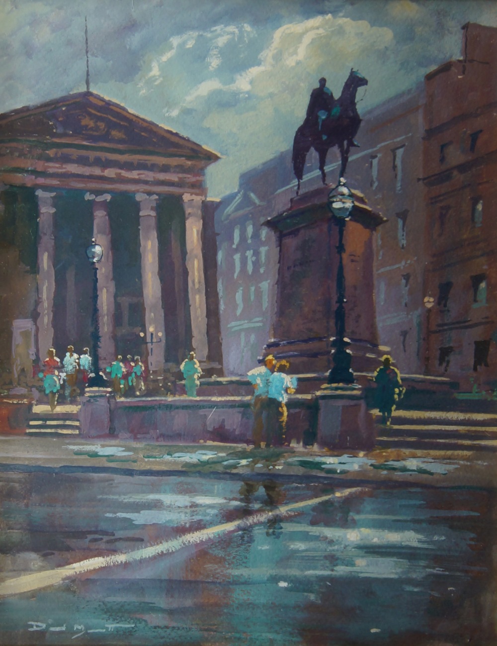 David Mynett, British 1942-2013- Street scene with a statue; watercolour and gouache on paper,