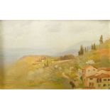 British School, early/mid 20th century- View of a landscape with cypresses; oil on canvas, bears
