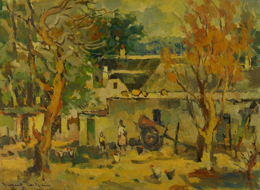 Herbert Harold Coetzee, South African 1921-2008- Figures with chickens in a yard; oil on panel,