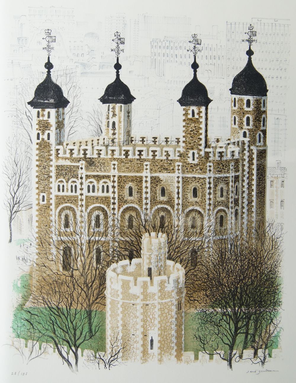 David Gentleman, British b.1930- Blackfriars Bridge; and the Tower of London; lithographs printed in