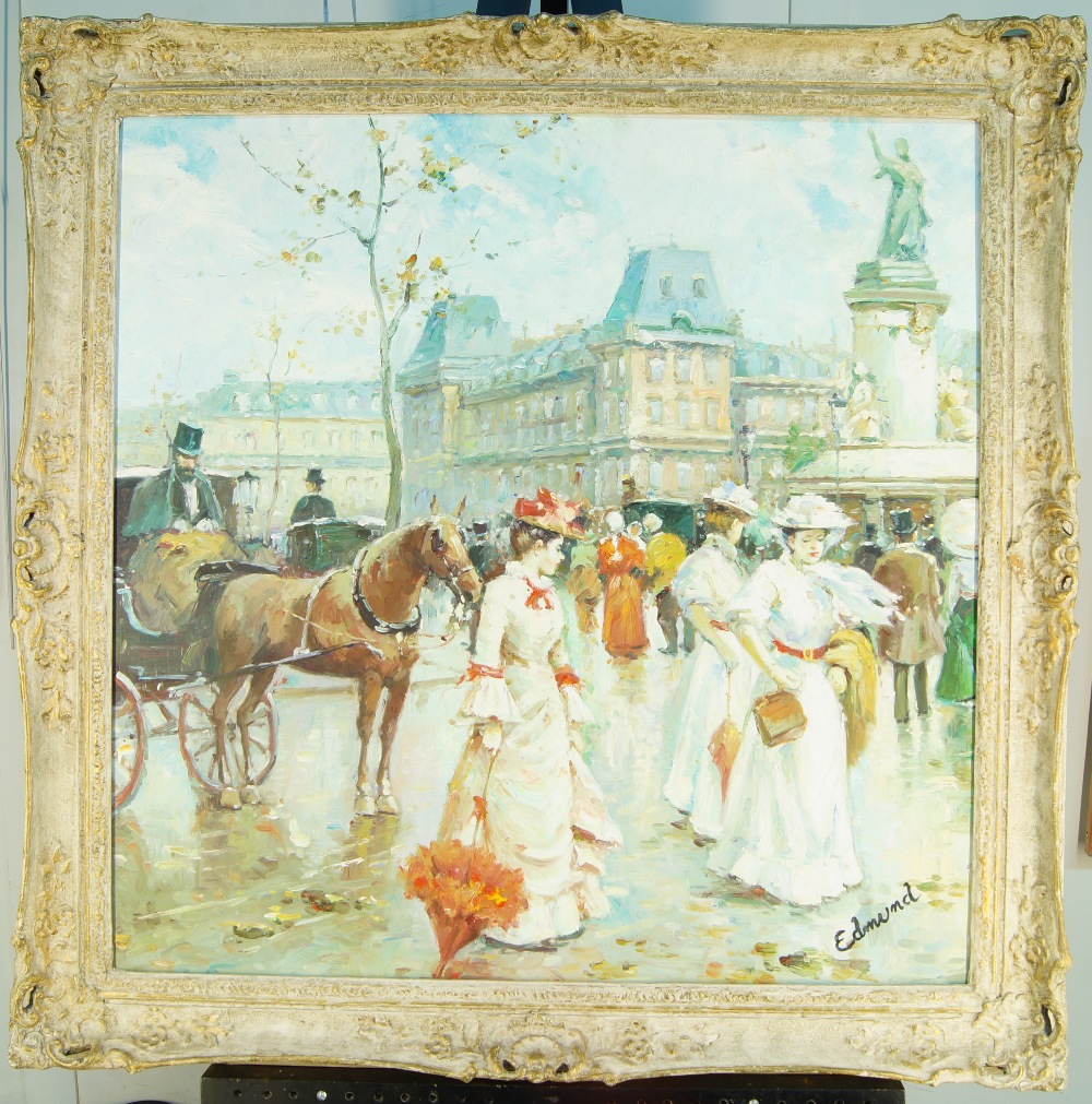 Edmund, French school, late 19th/early 20th century- Parisian street scene; oil on board, signed - Image 2 of 2