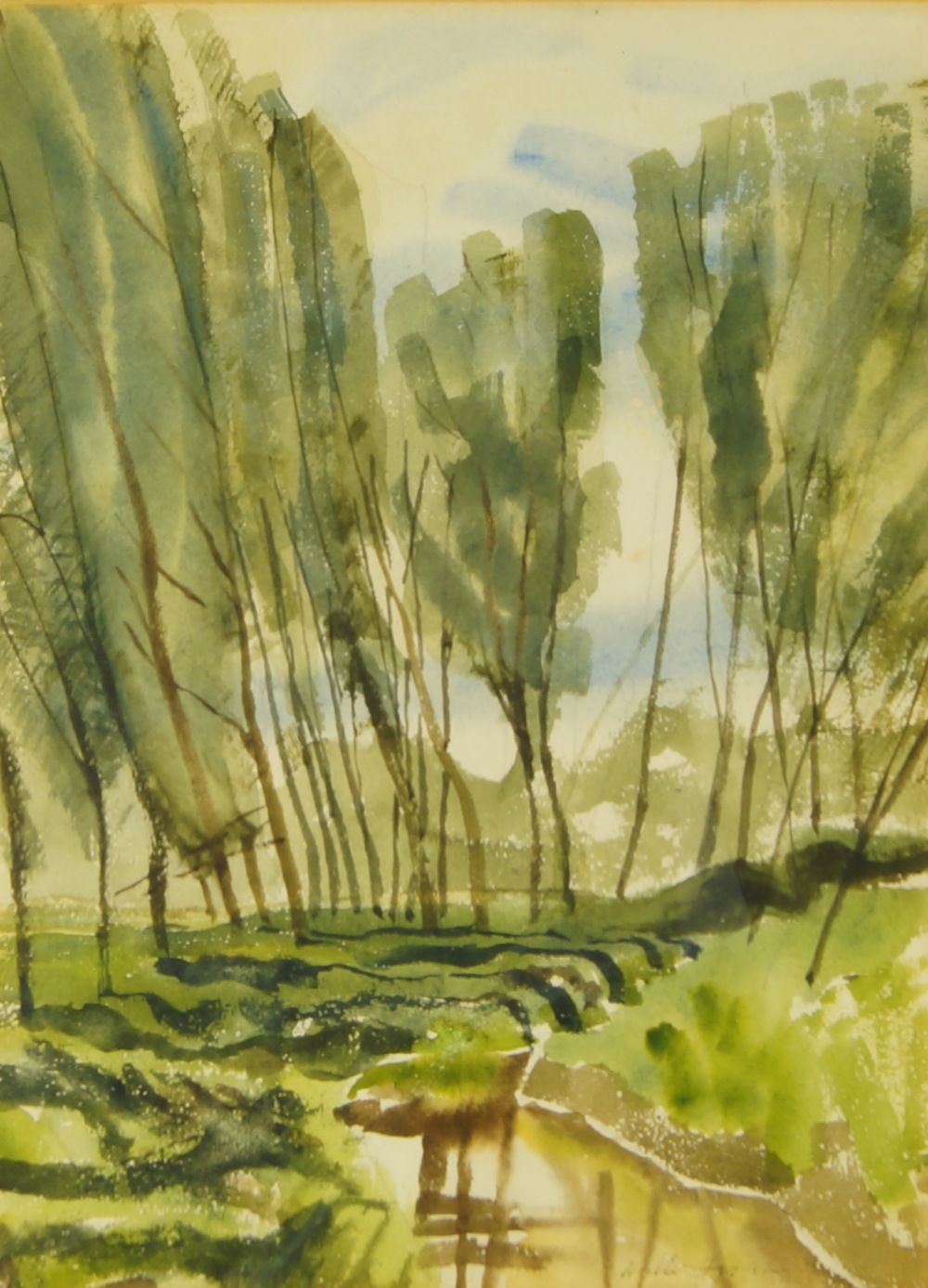 British School, 20th century- Trees by a river; watercolour, signed indistinctly lower right, 34 x
