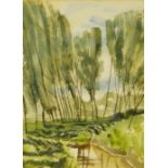 British School, 20th century- Trees by a river; watercolour, signed indistinctly lower right, 34 x