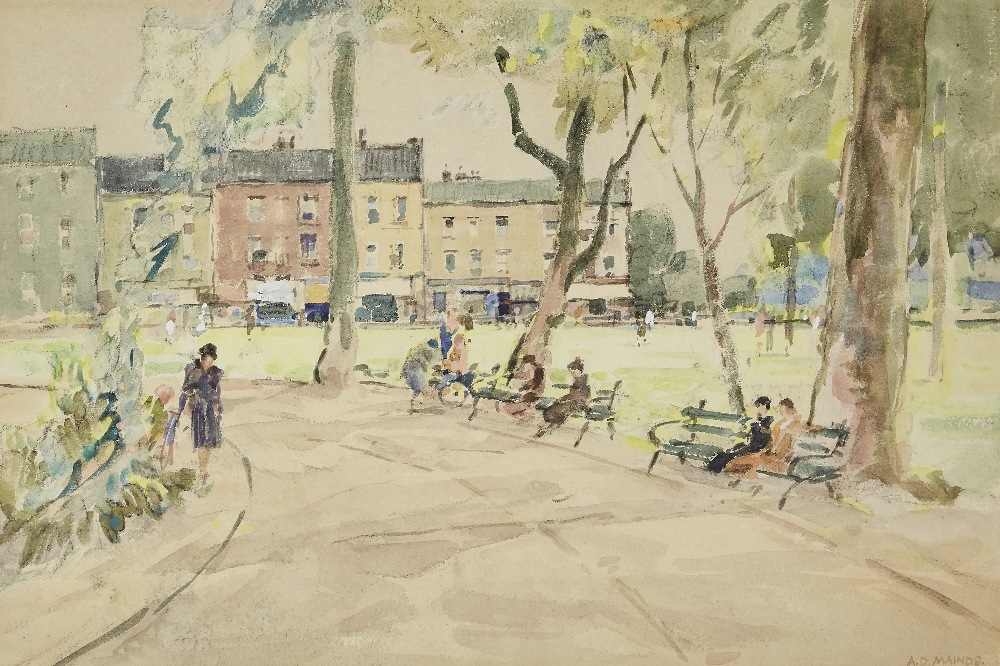 Allan Douglass Mainds RSA, Scottish 1881-1945- A town square; watercolour on paper, signed lower