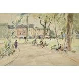 Allan Douglass Mainds RSA, Scottish 1881-1945- A town square; watercolour on paper, signed lower