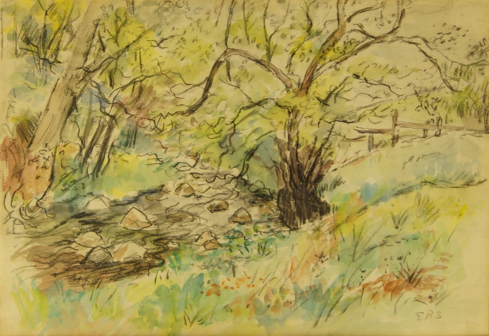 Elinor Bellingham-Smith, British 1906-1988- Scrub landscape; charcoal and watercolour on paper,