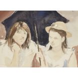 Roy Petley, British b.1951- Two ladies under an umbrella; watercolour on paper, signed lower left '