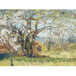 British School, mid/late 20th century- Trees in blossom with a church spire in the background; oil