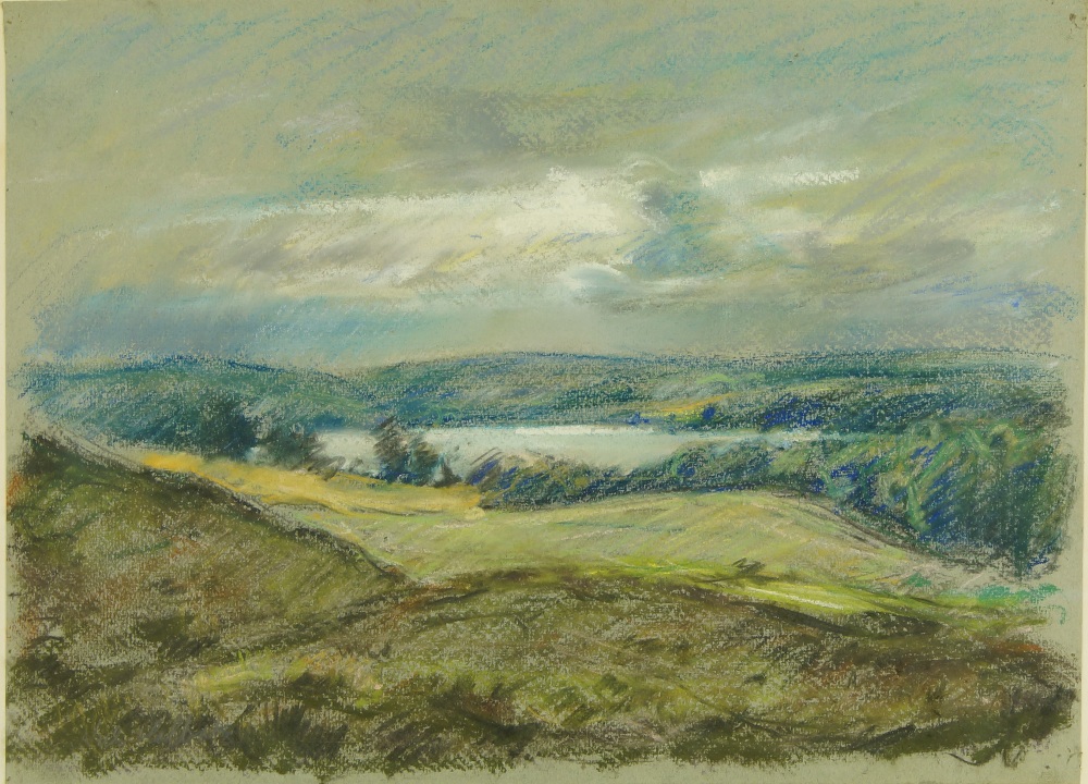 Niels Holbak, Danish 1884-1954- Landscape; pastel on paper, signed lower left, inscribed on the