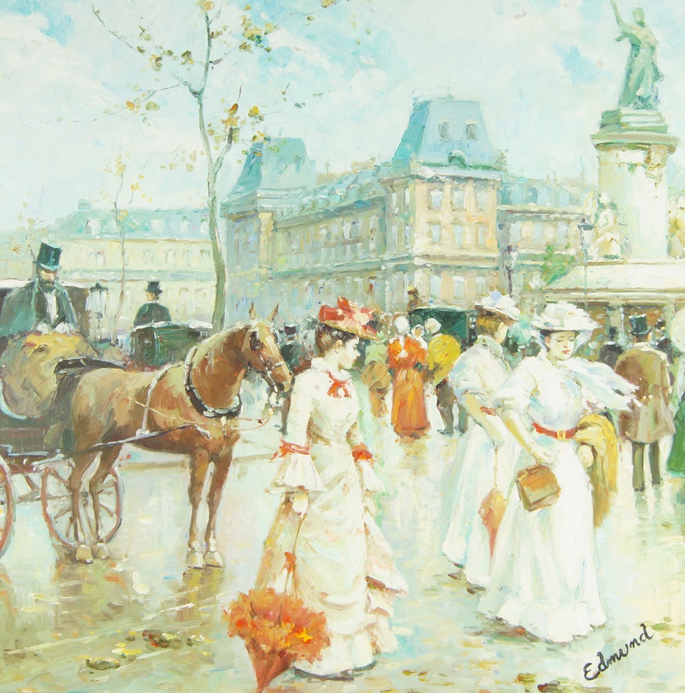 Edmund, French school, late 19th/early 20th century- Parisian street scene; oil on board, signed