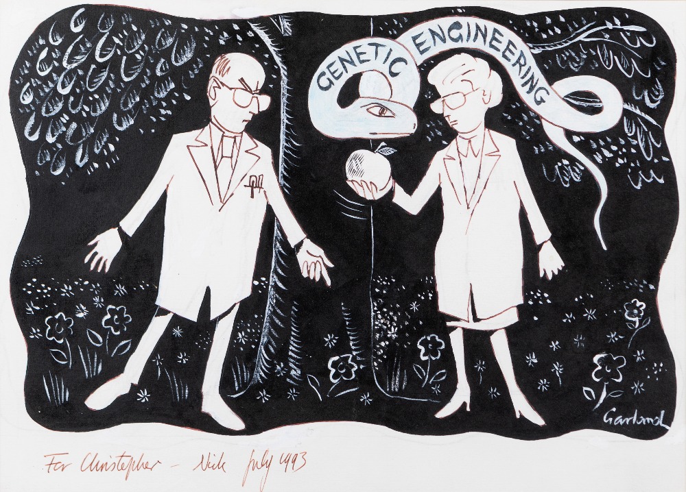 Nicholas Garland CBE, British b.1935- Genetic Engineering, 1993; ink and gouache on paper, signed